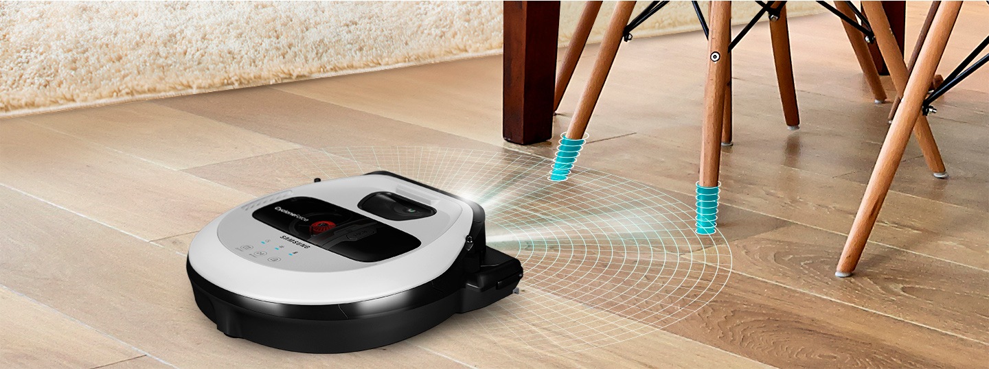 Una imagen que muestra un dispositivo POWERbot VR7010 que detecta las patas delgadas de una mesa en una sala de estar con su función FullView Sensor ™ 2.0.