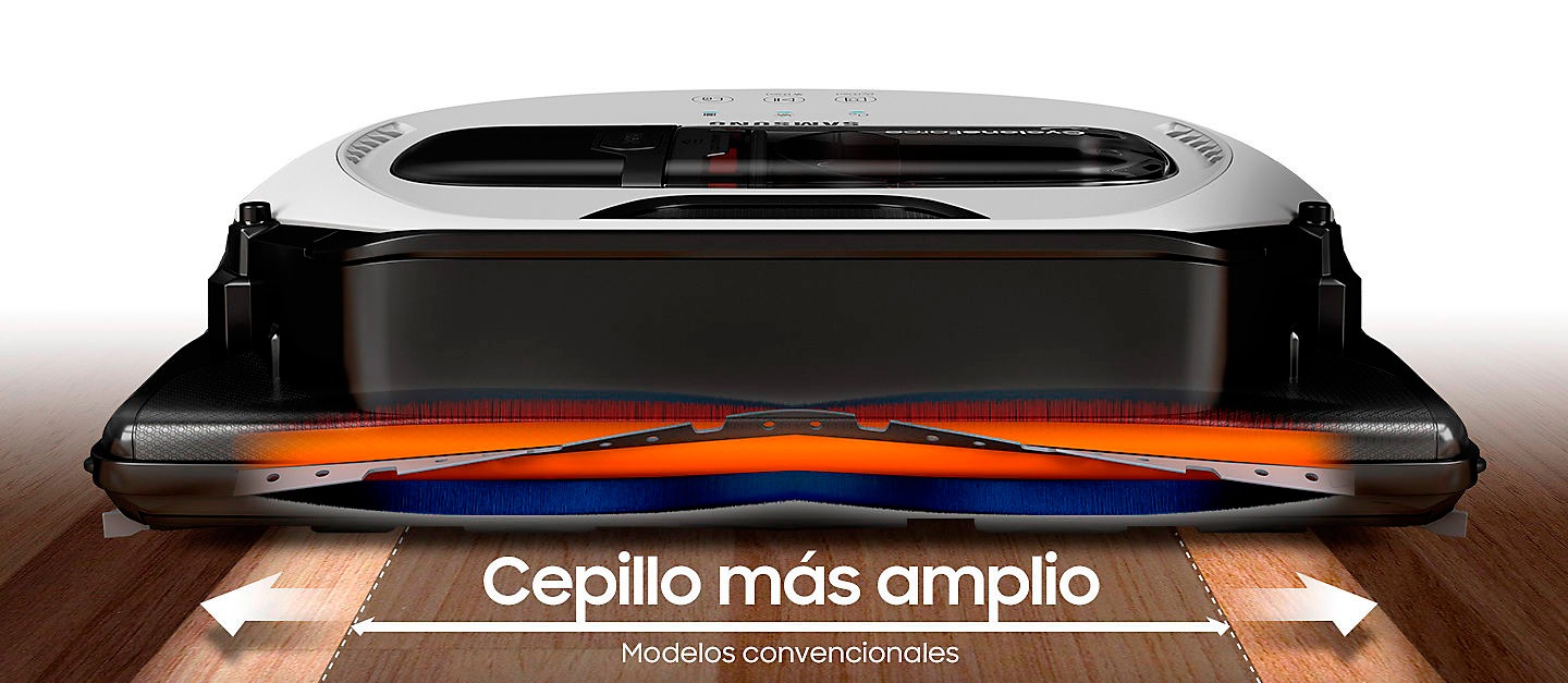 Una imagen que muestra un cepillo ancho del dispositivo POWERbot VR7010 en su cuerpo, en comparación con el de los productos existentes, lo que demuestra que el POWERbot VR7010 tiene un cepillo mucho más ancho que otros productos comparables.