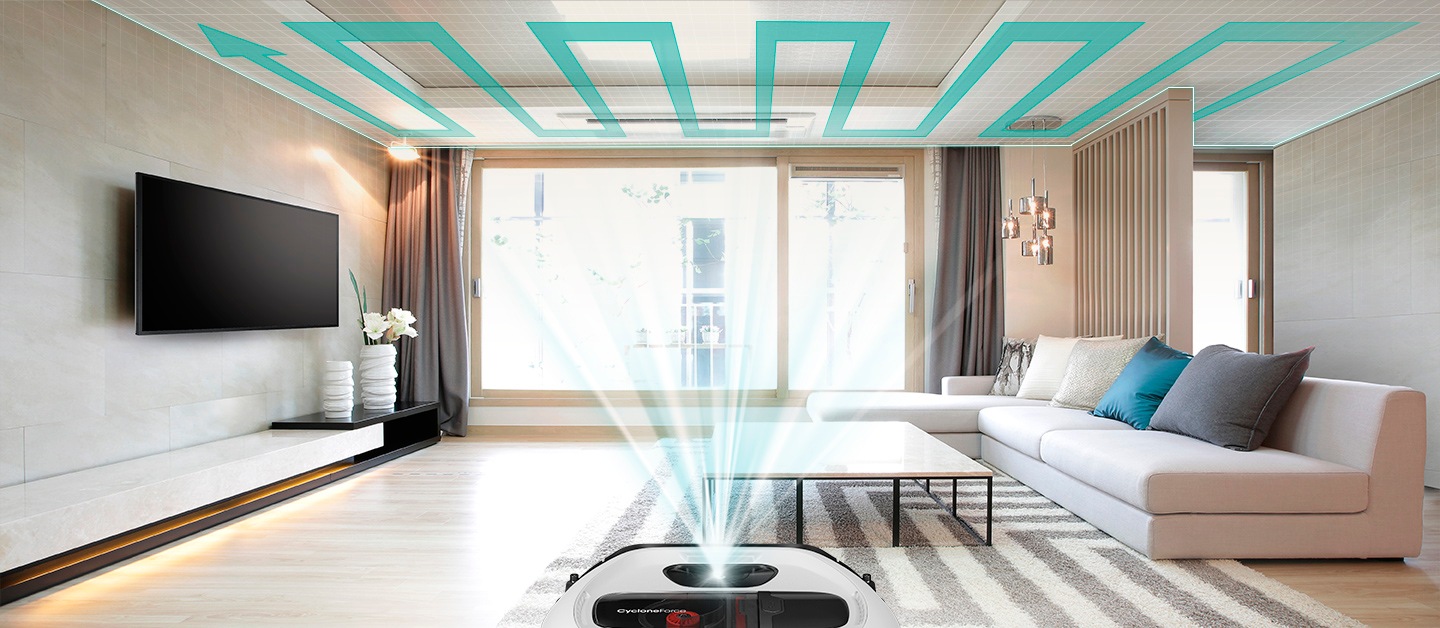 Una imagen que muestra una sala de estar completa y un dispositivo POWERbot VR7010 ubicado en el medio. Su sensor escanea el techo y crea un camino de limpieza.
