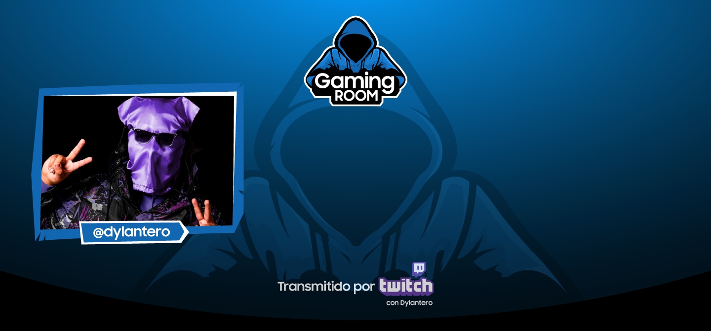 Intro de Samsung Gaming Room Se ve a Dylantero, gamer nacional, presentando a Samsung Gaming Room en un cuadro señalando su nick que es @dylantero