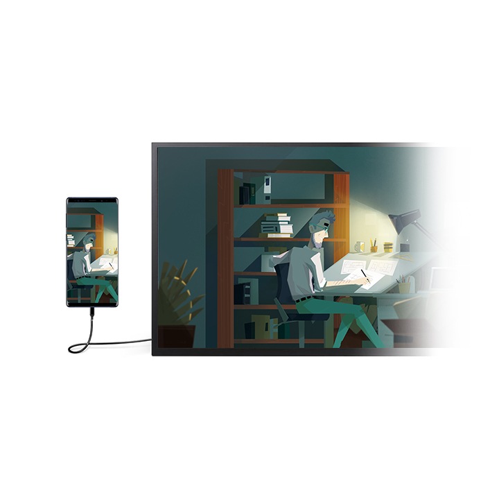 Imagen 1 relacionada al Modo Dex Se muestra un Galaxy Note10 conectado a un televisor gracias al modo Dex
