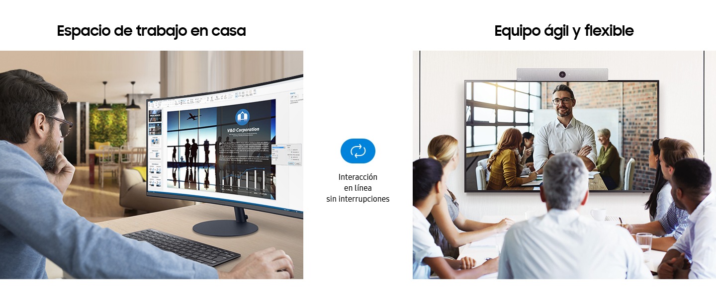 Hay un hombre sentado cómodamente en el espacio de trabajo en casa, con una cocina en la parte de atrás. Él está usando un mouse y un teclado mientras mira su monitor. En otra imagen, hay un equipo ágil y flexible, son seis compañeros de trabajo en una sala de conferencias que tienen una videollamada con una gran pantalla de monitor central. En el medio de las dos fotos hay flechas circulares que representan una interacción en línea sin interrupciones.