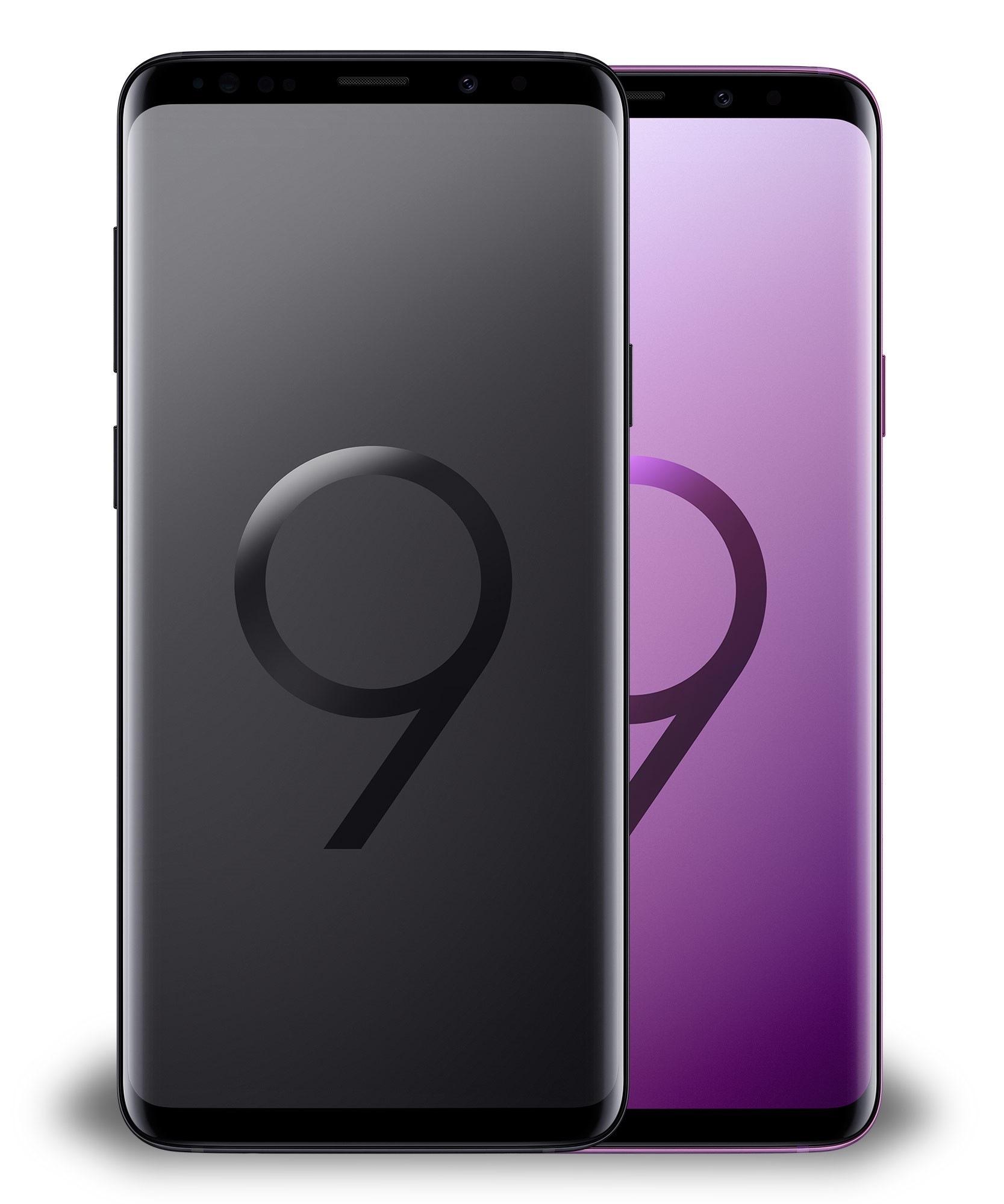 Left rear view of two Galaxy S9+ devices in sunrise gold and burgundy red