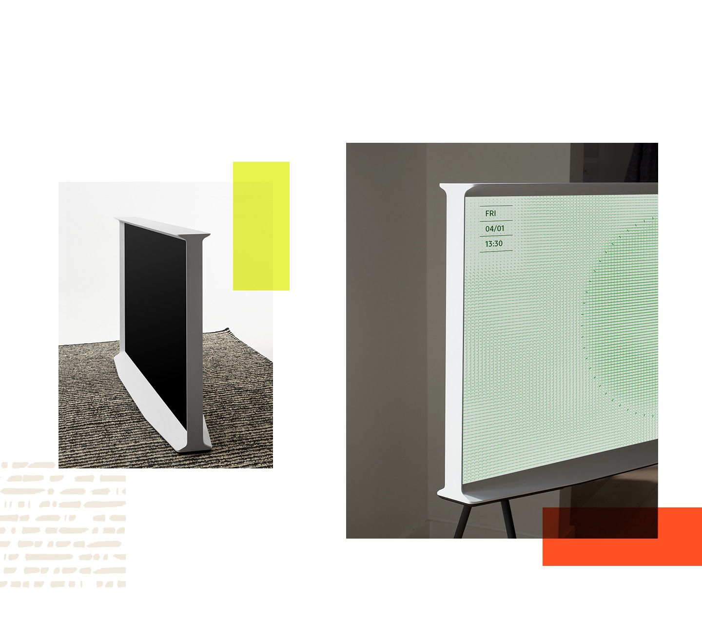 El The Serif Blanco se encuentra sobre el piso mirando hacia la izquierda junto a una imagen de primer plano de un The Serif Blanco apoyado en un soporte en el modo Leaf Ambient, que muestra el diseño en forma de I.