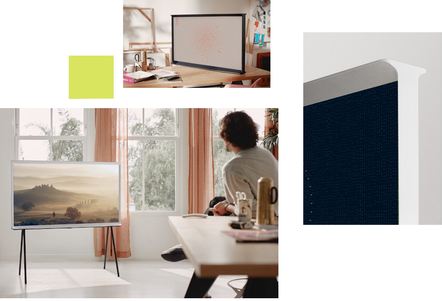 Un Hombre en la mesa de su cocina mirando un paisaje montañoso en su The Serif Blanco. A un lado hay una imagen de primer plano del diseño The Serif en forma de I de y arriba hay una imagen de The Serif azul oscuro en un taller que muestra el modo ambiente con color salmón.