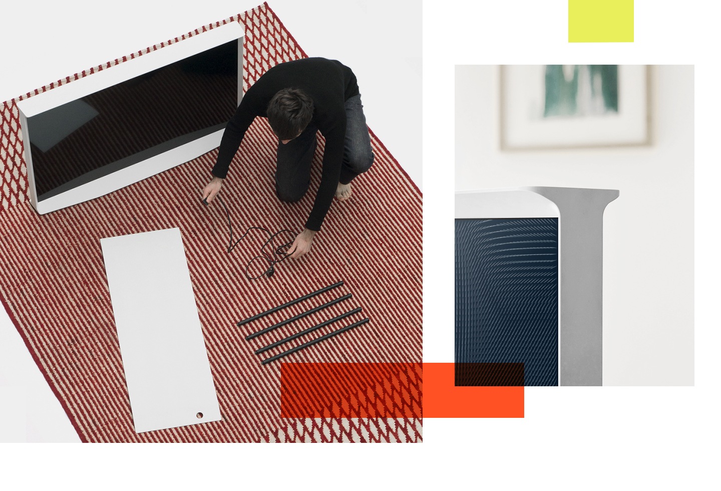 Hombre configurando su The Serif Blanco. Al lado hay una imagen de primer plano de una madera The Serif en modo ambiente en color azul marino.