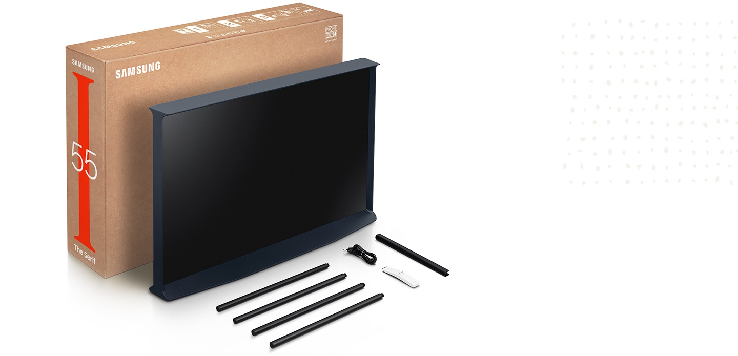 El cuadro The Serif visto desde un ángulo frontal. El soporte para TV, el cable de alimentación y el control remoto incluidos se encuentran en el frente del empaq