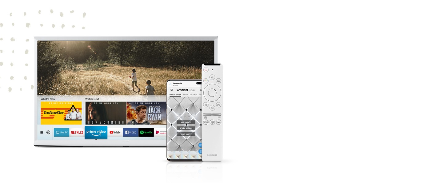 Pantalla simulada con Eden UG Ambient con Galaxy S10 y One Remote Control visto en el frente para mostrar cómo puede controlar fácilmente The Serif a través del móvil o One Remote Control.