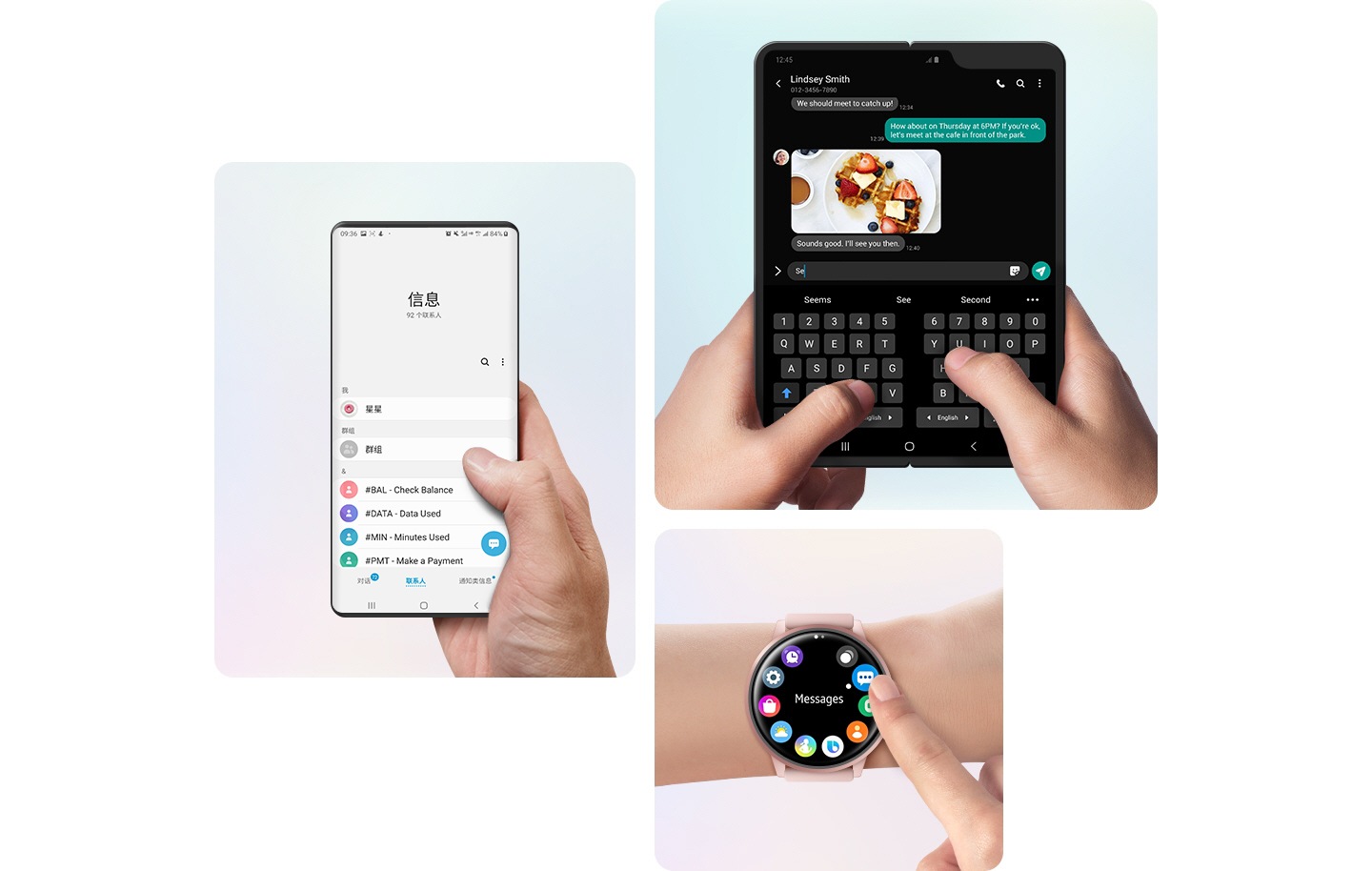 三张模拟图像分别展示了 Galaxy 智能手机、Galaxy Fold 和 Galaxy Watch 的独特界面。用户单手握着手机时,可轻松用拇指触及手机上的信息。Galaxy Fold 配有分裂式键盘,方便双手打字。此外,Galaxy Watch 应用图标的圆形菜单也十分易于浏览。