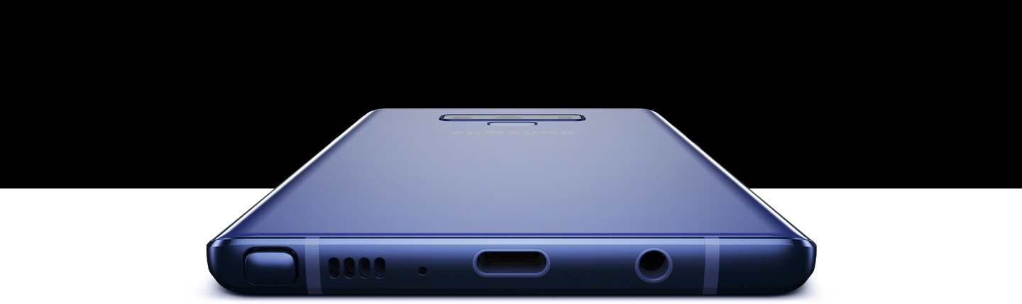 Ocean blue Galaxy Note9 laying screen-down, viewed from the bottom