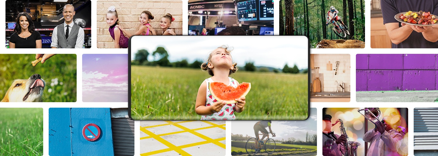 En el centro, una pantalla Galaxy muestra el contenido de una niña comiendo una sandía. El fondo está lleno de varias miniaturas de programas con contenido variado de distintos canales.