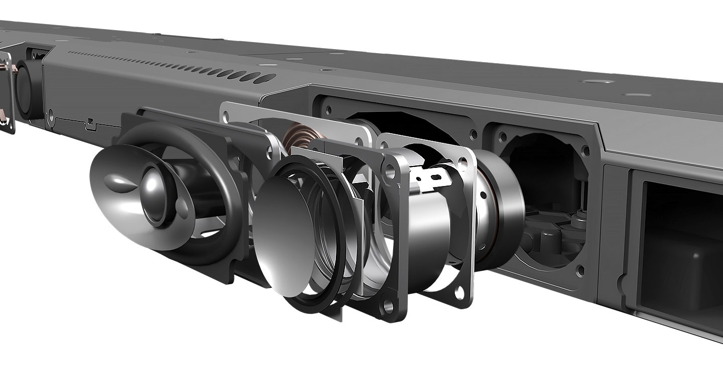 La barra de sonido de Samsung se ve desde la parte posterior con partes individuales de los altavoces separadas para mostrar la cantidad de ingeniería que trae una barra de sonido.