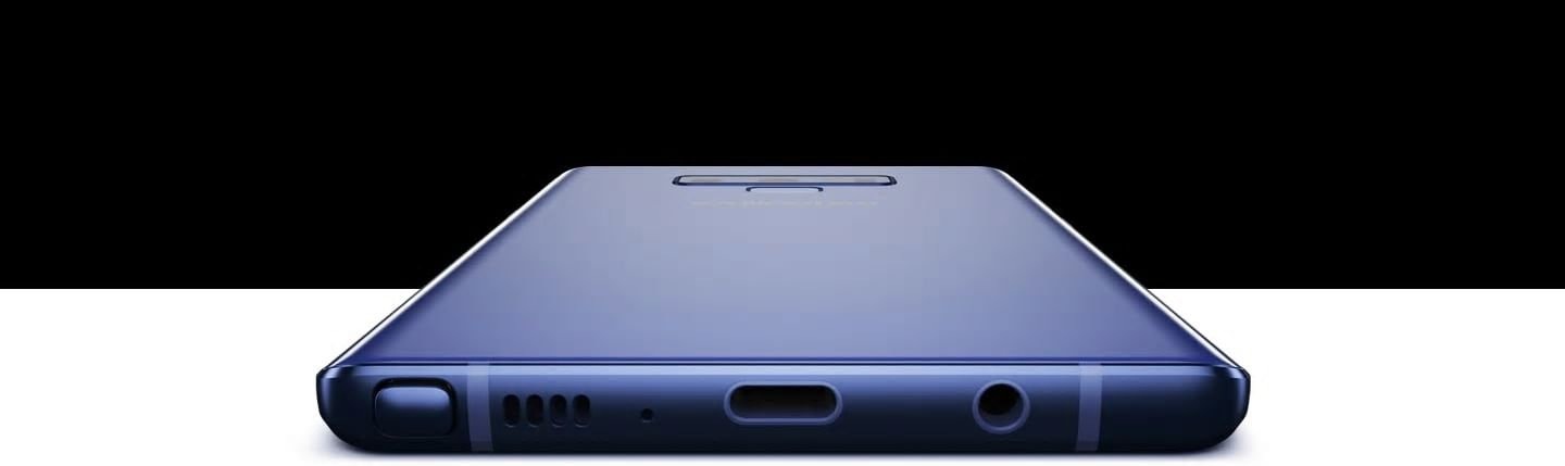 Ocean Blue Galaxy Note9 laying screen-down, viewed from the bottom