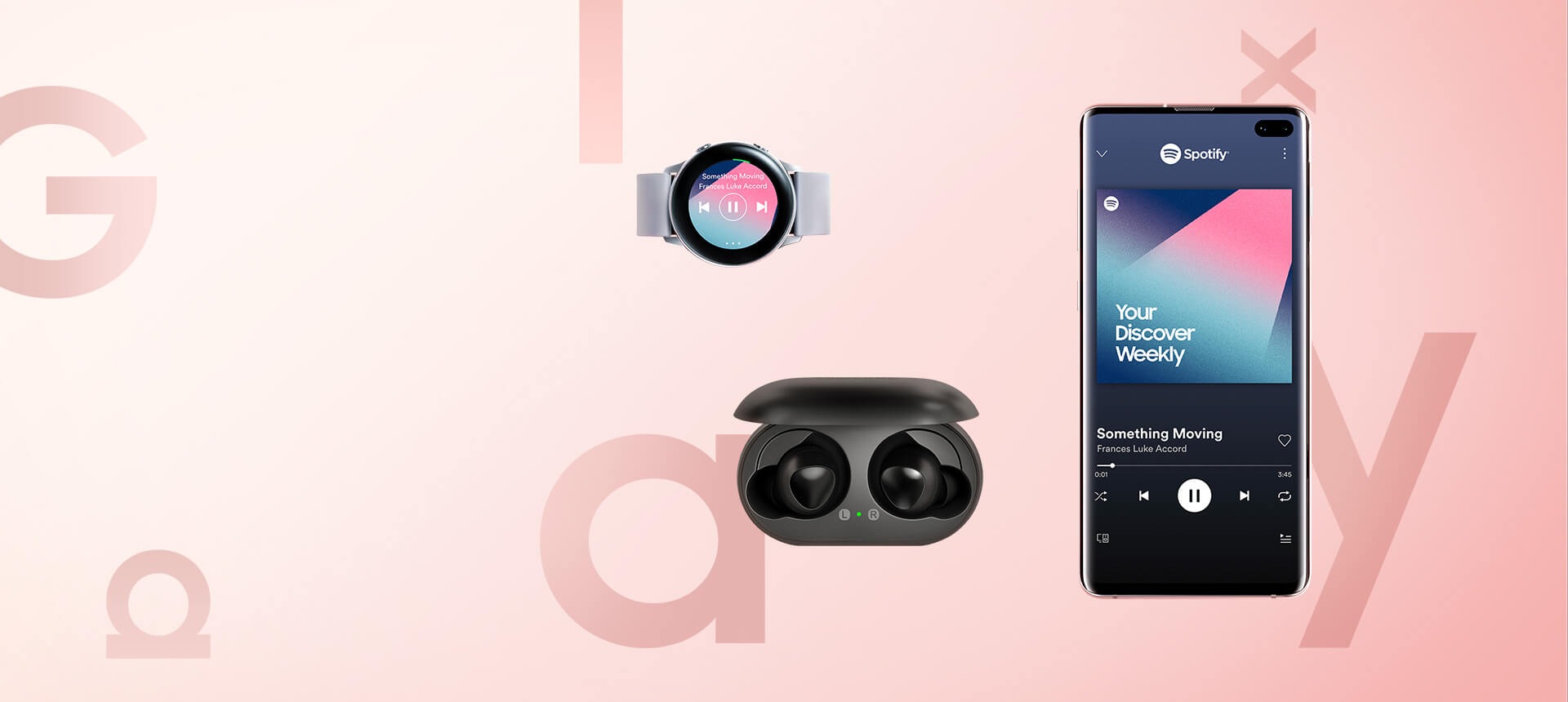Imagen de introducción al ecosistema Galaxy S10. Samsung Galaxy S10 plus, Samsung Galaxy Watch Active y auriculares Galaxy. El Galaxy S10 plus tiene la interfaz de Spotify en la pantalla con una canción de la lista de reproducción “Tu descubrimiento semanal”. El Galaxy Watch Active tiene la interfaz de la aplicación para relojes de Spotify con la misma canción en la pantalla.