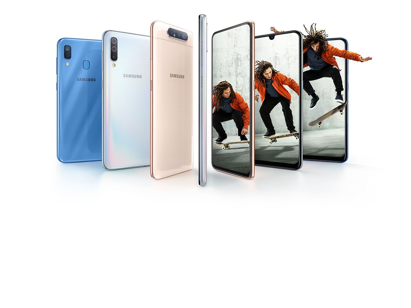 La gama Galaxy A que se despliega para mostrar a un patinador que atraviesa la pantalla.