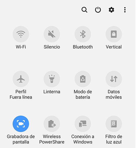 Menú de visualización rápida de la imagen del panel para seleccionar la función de grabador de pantalla