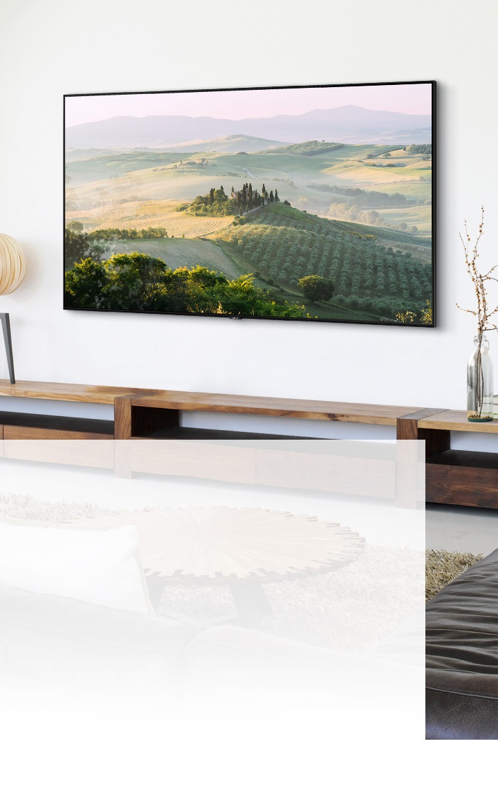 Un televisor de pantalla grande colgado en la pared muestra un paisaje de campo en una sala de estar iluminada con luz natural.
