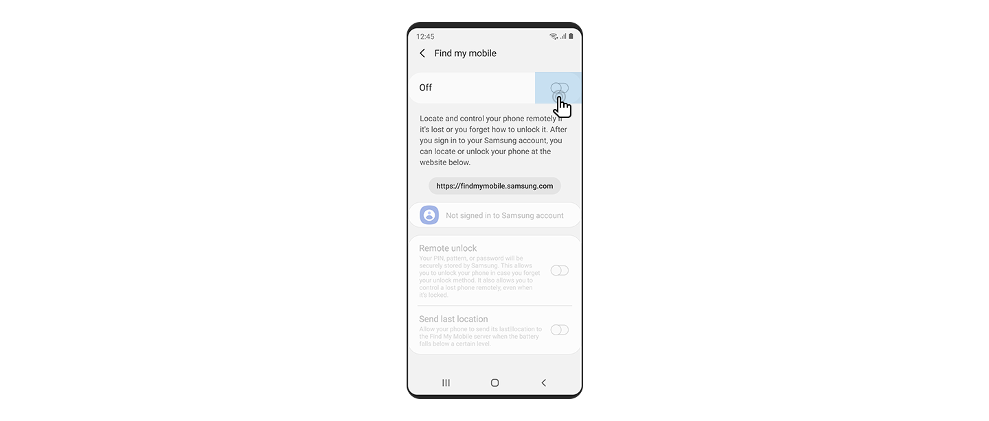 Snímek obrazovky, na kterém jste vyzváni k zapnutí přepínače klepnutím v části „Najít mobilní telefon“.