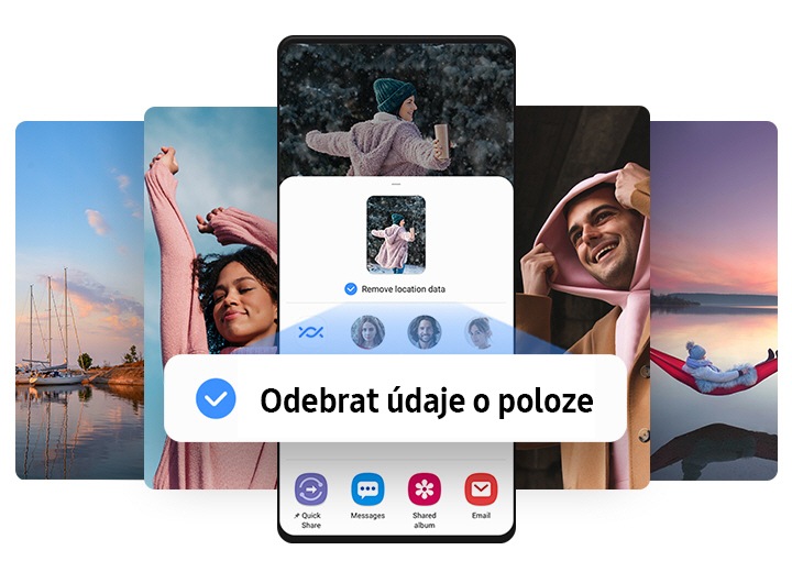 Obrazovka zařízení Galaxy, vedle které je rozloženo několik fotografií, zobrazuje proces nahrání fotografie pomocí funkce Private Share, která umožňuje „Remove location data“ („Odstranit údaje o poloze“). Tato možnost je zaškrtnutá.