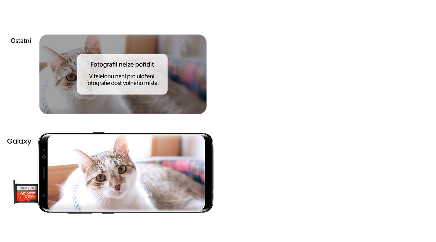 Pohled na dva telefony v režimu fotoaparátu. Na jednom je snímek zašedlý s varováním o nedostatku místa pro pořízení snímku. U druhého je vyobrazena 256GB paměťová karta naznačující, že fotografii lze pořídit.