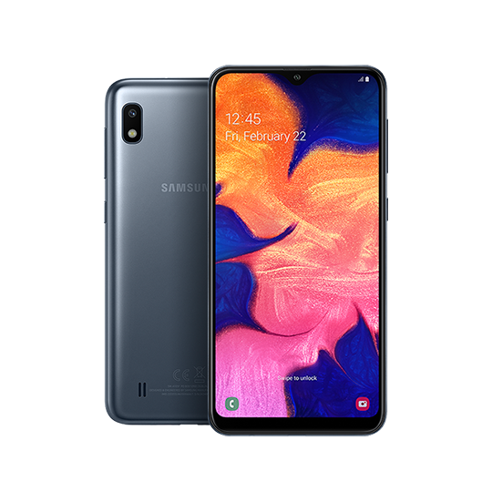 Galaxy A10 s oranžovou a růžovou květinou na obrazovce.