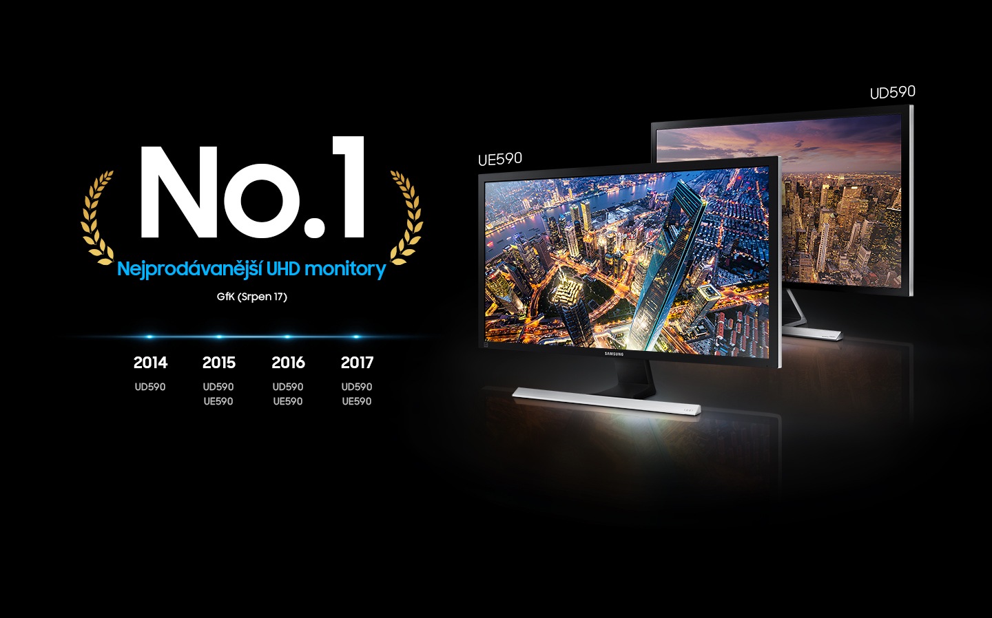 Při obrazovém představení nejprodávanějších monitorů s ultra vysokým rozlišením za poslední čtyři roky – Samsung UE590 a UD590 – se výrazně zobrazí „č. 1“ a vedle jsou zobrazeny dva velké monitory. 2014: UD590. 2015: UD590, UE590. 2016: UD590, UE590, : UD590, UE590.