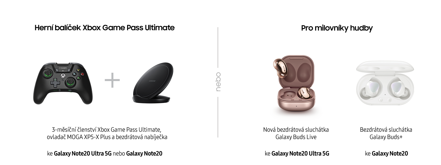 Příslušenství k předobjednávce Na obrázku jsou herní ovladač MOGA XP5-X Plus s bezdrátovou nabíječkou N5105, sluchátky Galaxy Buds Live a Galaxy Buds+