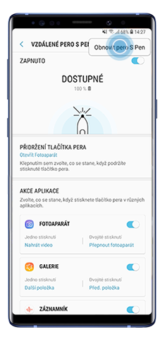 Možnost Obnovit pero S Pen v nabídce vzdáleného pera S Pen