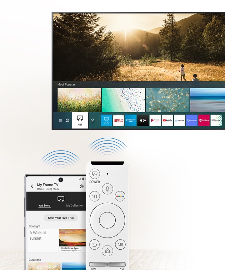 Dálkový ovladač One Remote scrolluje na obrazovce The Frame. Aplikace SmartThings je zobrazena na displeji telefonu s uměleckými díly z Art Store a Smart Hub je zobrazen na snímku zobrazující jak umění, tak další obsah, který si můžete vychutnat.