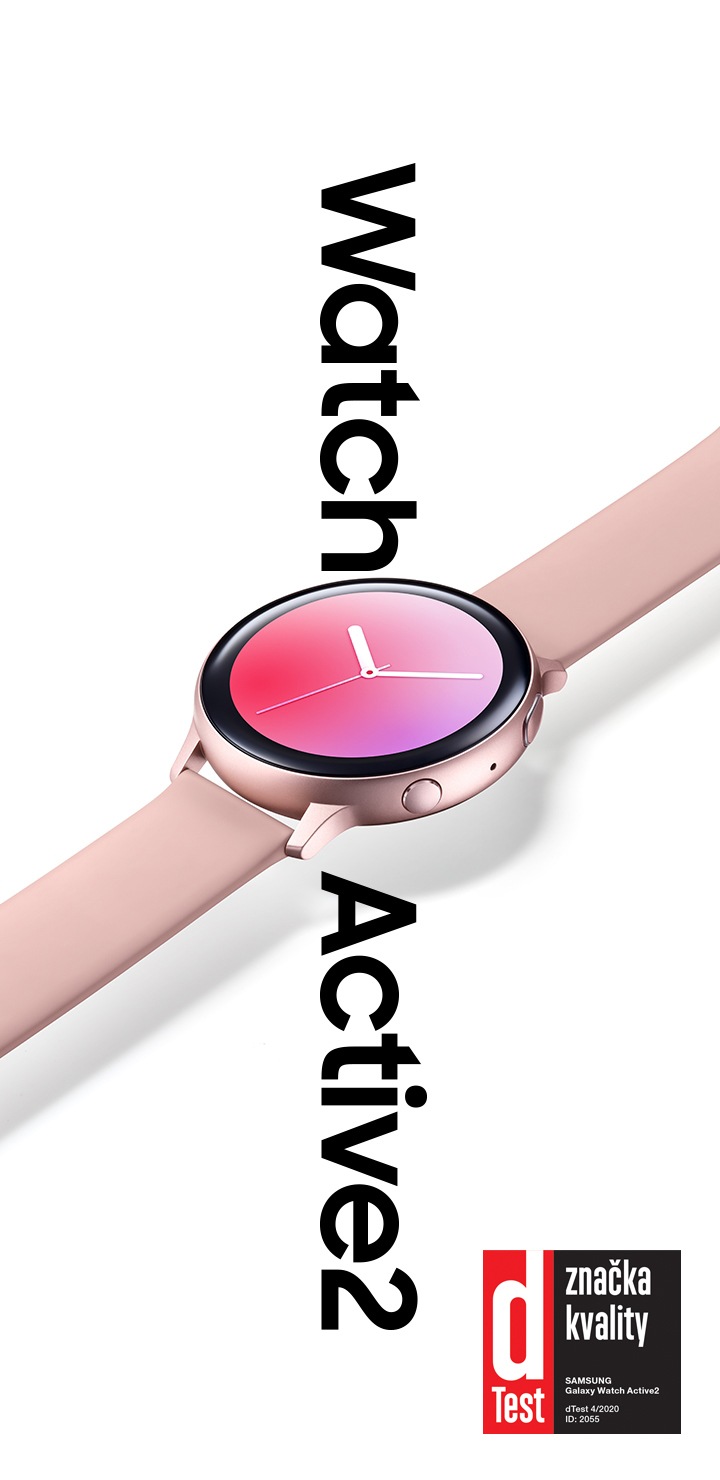 A stainless black Galaxy Watch Active2 with black leather strap that hangs over the words 'Watch Active 2' in large font below.