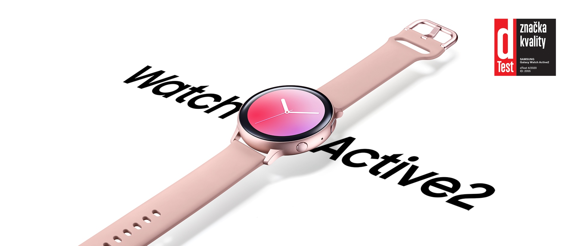 A stainless black Galaxy Watch Active2 with black leather strap that hangs over the words 'Watch Active 2' in large font below.