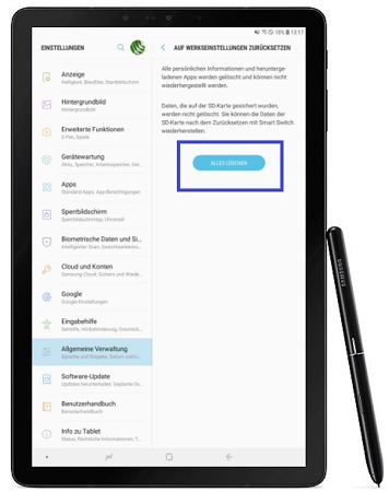 Das Samsung Galaxy Tab S4 auf Werkseinstellungen zurücksetzen.