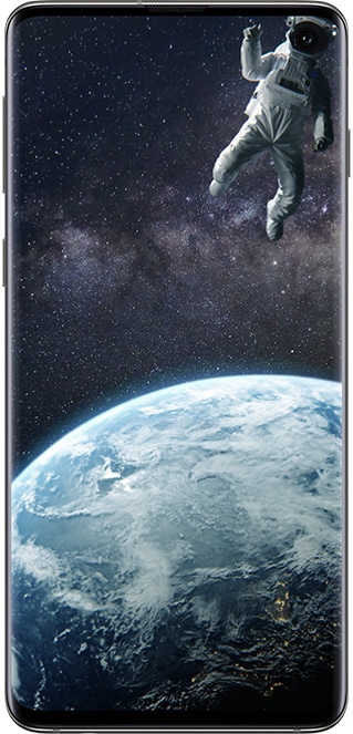 A smartphone with an astronaut in space with Earth showing as its wallpaper. The astronaut is located in the top right and the helmet aligns with the camera lens.