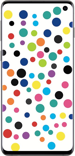 A smartphone with a colorful polka dot pattern as its wallpaper. One of the black dots aligns with the camera lens in the top-right corner.