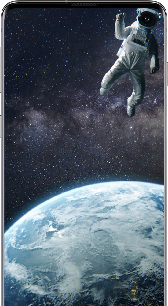 Background showing Earth in space and a smartphone located to the right.
Onscreen is an astronaut wearing a helmet positioned in the top-right corner of the-screen, with the camera lens appearing on top of the helmet.