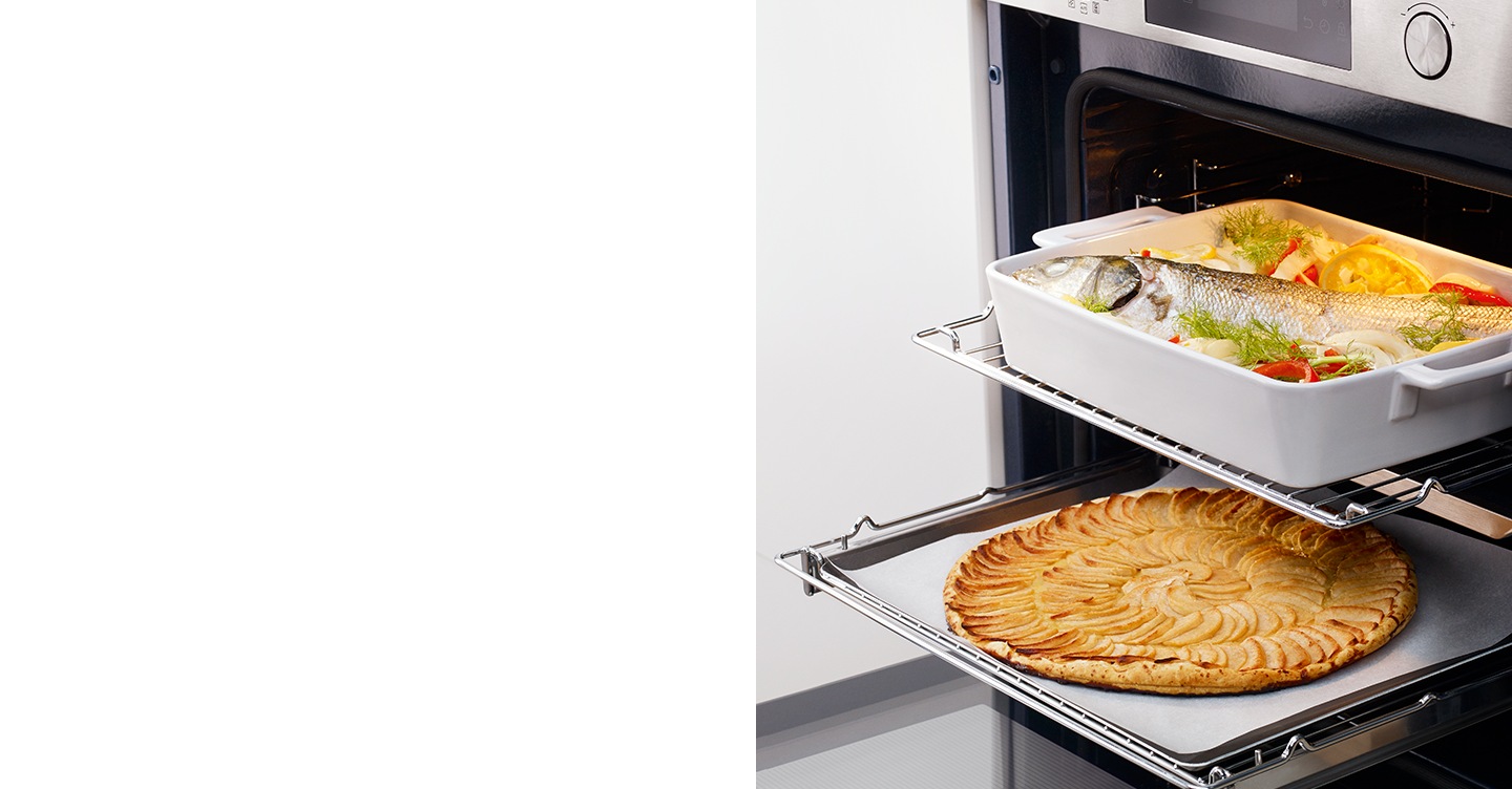 Zwei verschiedene Gerichte können gleichzeitig auf zwei verschiedenen Einschubebenen des Samsung Einbau-Ofens mit Dual Cook-Funktion zubereitet werden