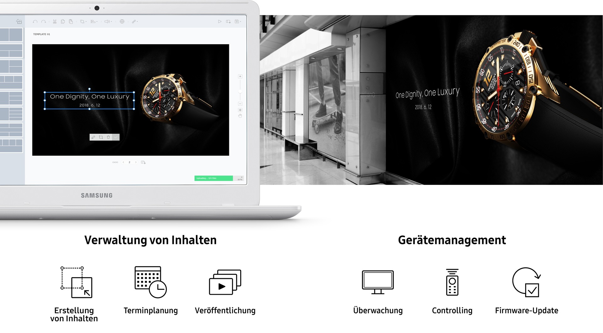 The Wall kann als Verkaufsfläche von einem PC gesteuert werden. Es können mehrere Inhalte wie Kreation, Termine und Veröffentlichungen sowie verschiedene Geräte simultan von einem Ort aus gesteuert werden