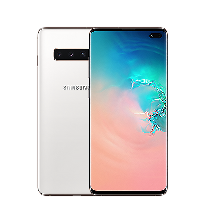 Zwei Galaxy S10 Smartphones in Prism White, eines von der Rückseite und eines von der Vorderseite gesehen. Das Smartphone im Vordergrund zeigt ein abstraktes Korallenmotiv mit einem blauen Verlauf.
