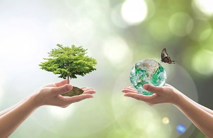 Ein Baum in einer Hand und die Welt mit einem Schmetterling darauf in einer anderen