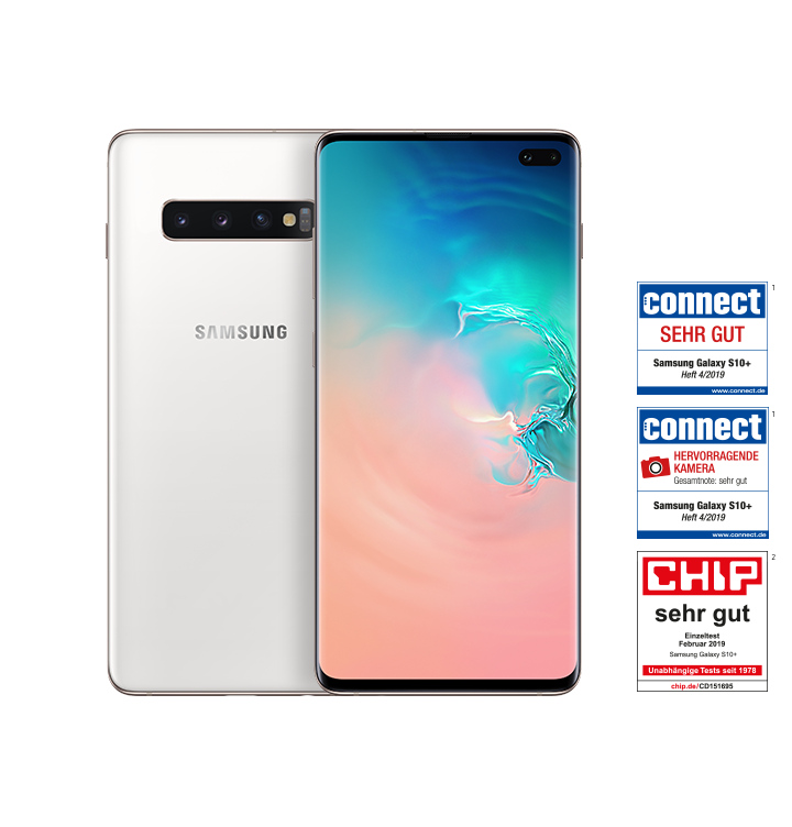 Zwei Galaxy S10 Smartphones in Prism White, eines von der Rückseite und eines von der Vorderseite gesehen. Das Smartphone im Vordergrund zeigt ein abstraktes Korallenmotiv mit einem blauen Verlauf.