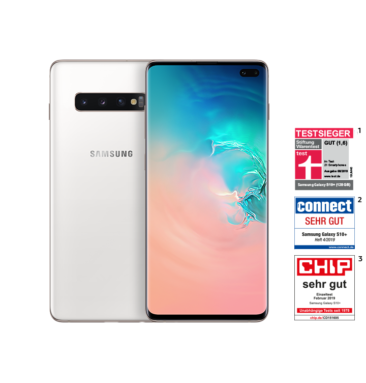 Galaxy S9 Zwei Galaxy S10 Smartphones in Prism White, eines von der Rückseite und eines von der Vorderseite gesehen. Das Smartphone im Vordergrund zeigt ein abstraktes Korallenmotiv mit einem blauen Verlauf.