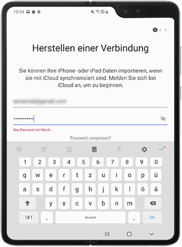 Gib deine iCloud-Daten ein, um Daten auf dein Galaxy Fold zu übertragen.