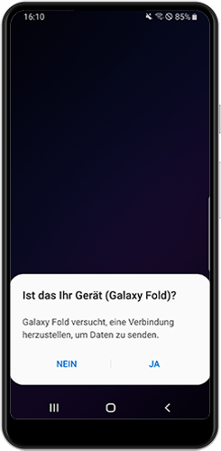 Die Einladung zum Verbinden des Galaxy Fold mit deinem Smartphone wird angezeigt.
