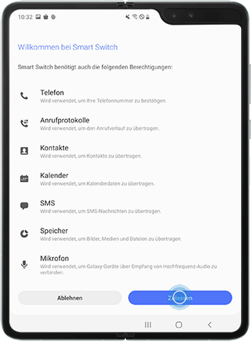 Die Apps und Funktionen, auf die Smart Switch Zugriff benötigt, werden angezeigt.