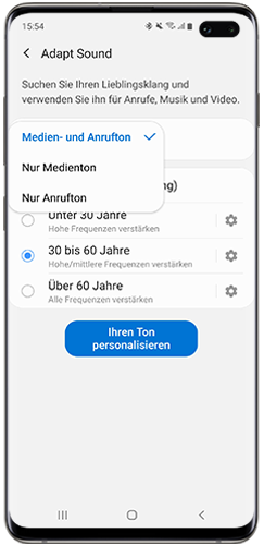 Adapt Sound kann auf dem Galaxy S10 nur als Medienton oder nur als Anrufton festgelegt werden.