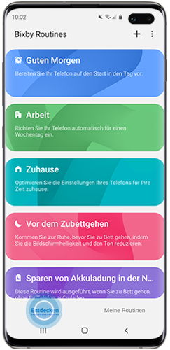 Die Registerkarte Entdecken der Bixby Routinen wird im Galaxy S10+ angezeigt.