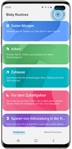 Das Plus-Symbol ist zur Erstellung einer Bixby Routine im Galaxy S10+ markiert.