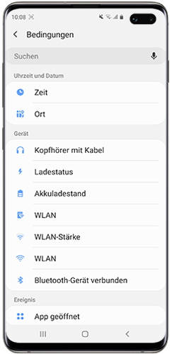 Wenn-Bedingungen der Bixby Routine werden im Galaxy S10+ angezeigt.