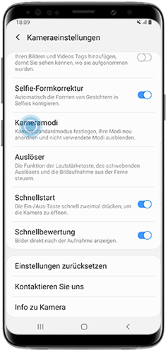 Tippen Sie auf dem Galaxy S9/S9+ in den Kamera-Einstellungen auf Kameramodi.