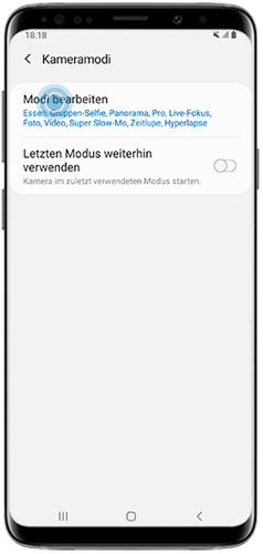 Optionen unter Kameramodi in der Kamera des Galaxy S9/S9+ unter Android Pie.